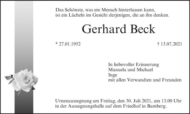  Traueranzeige für Gerhard Beck vom 24.07.2021 aus MGO