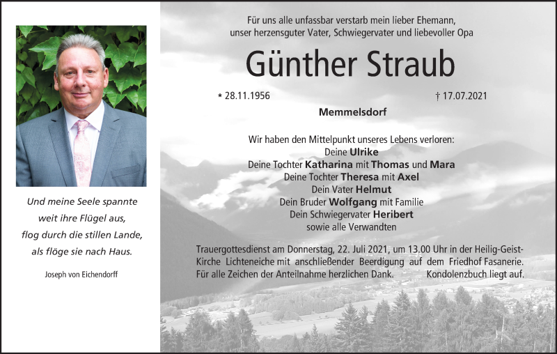  Traueranzeige für Günther Straub vom 20.07.2021 aus MGO