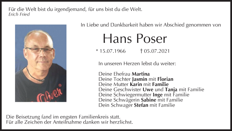  Traueranzeige für Hans Poser vom 24.07.2021 aus MGO