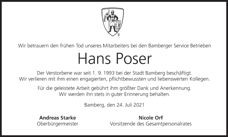  Traueranzeige für Hans Poser vom 24.07.2021 aus MGO