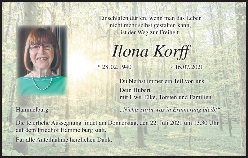  Traueranzeige für Ilona Korff vom 21.07.2021 aus MGO