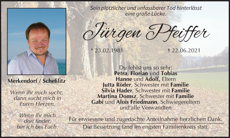  Traueranzeige für Jürgen Pfeiffer vom 10.07.2021 aus MGO