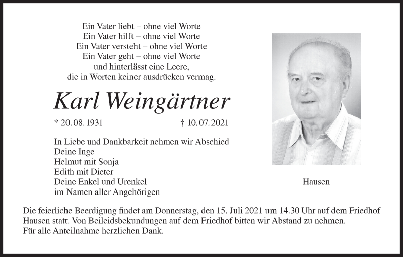  Traueranzeige für Karl Weingärtner vom 14.07.2021 aus MGO