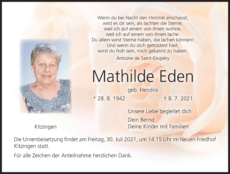  Traueranzeige für Mathilde Eden vom 24.07.2021 aus MGO