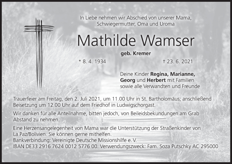  Traueranzeige für Mathilde Wamser vom 30.06.2021 aus MGO