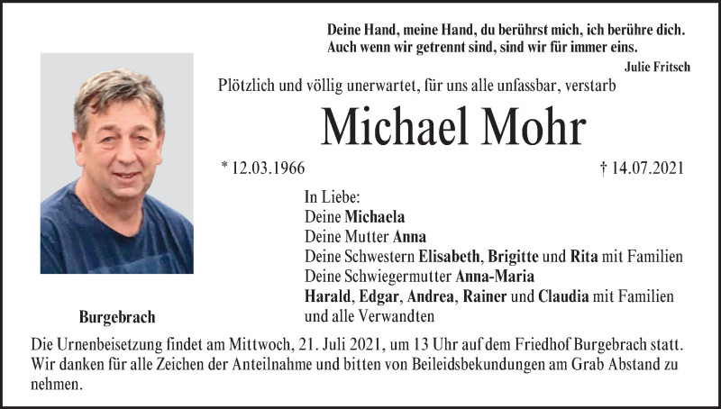  Traueranzeige für Michael Mohr vom 17.07.2021 aus MGO