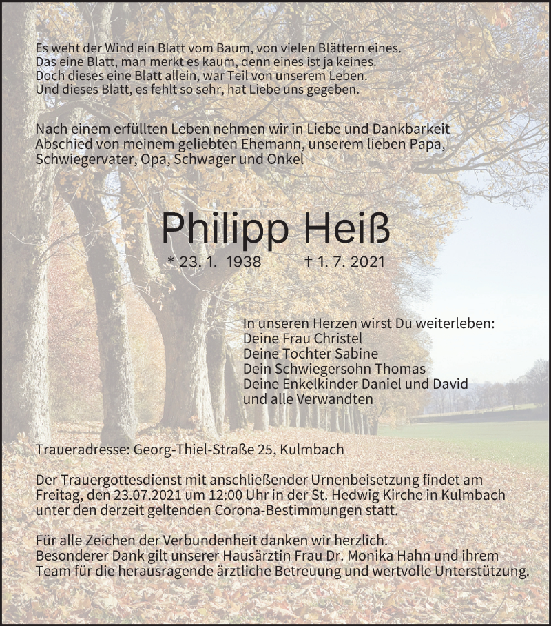  Traueranzeige für Philipp Heiß vom 17.07.2021 aus MGO
