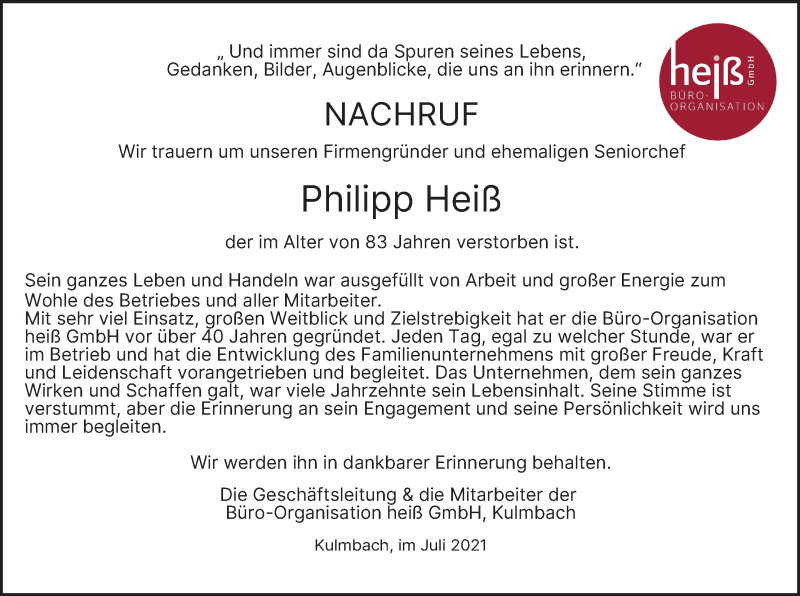  Traueranzeige für Philipp Heiß vom 17.07.2021 aus MGO