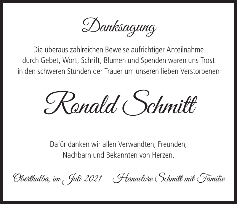  Traueranzeige für Ronald Schmitt vom 24.07.2021 aus MGO