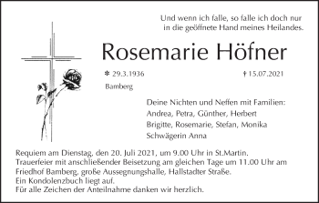 Traueranzeige von Rosemarie Höfner