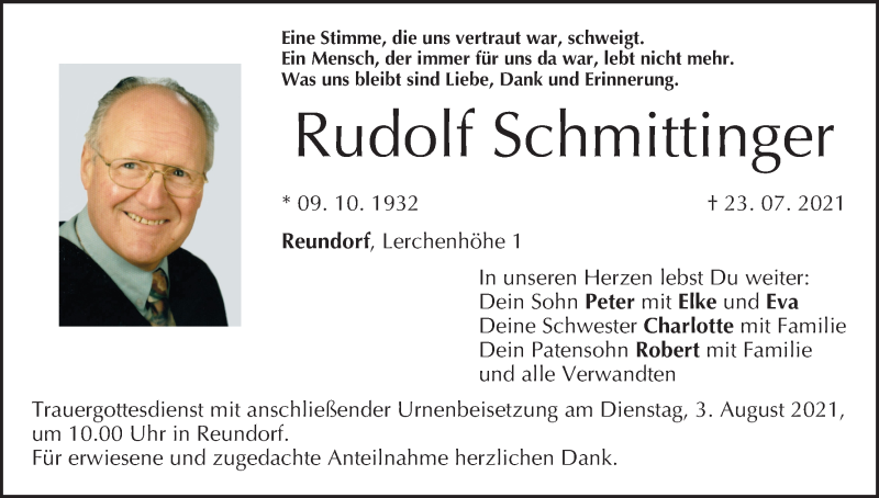  Traueranzeige für Rudolf Schmittinger vom 30.07.2021 aus MGO