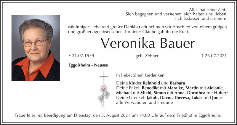  Traueranzeige für Veronika Bauer vom 30.07.2021 aus MGO