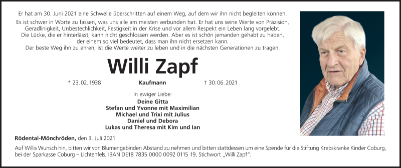  Traueranzeige für Willi Zapf vom 03.07.2021 aus MGO