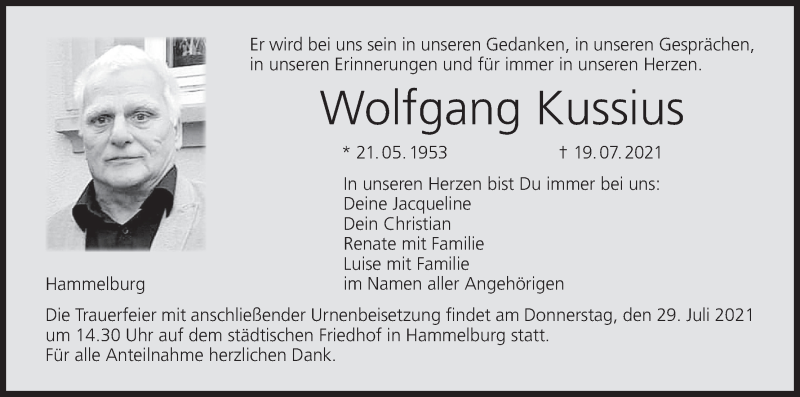  Traueranzeige für Wolfgang Kussius vom 23.07.2021 aus MGO