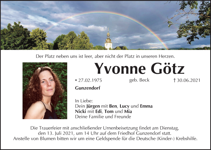 Traueranzeige für Yvonne Götz vom 10.07.2021 aus MGO