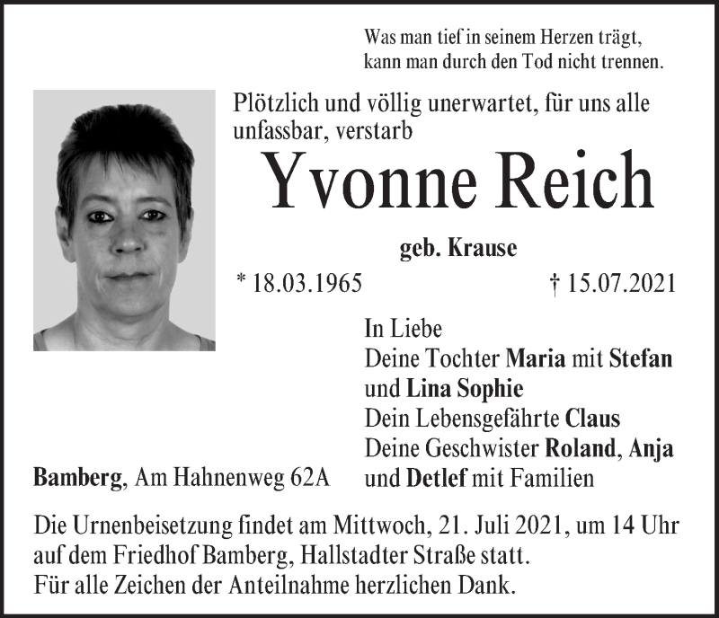  Traueranzeige für Yvonne Reich vom 17.07.2021 aus MGO