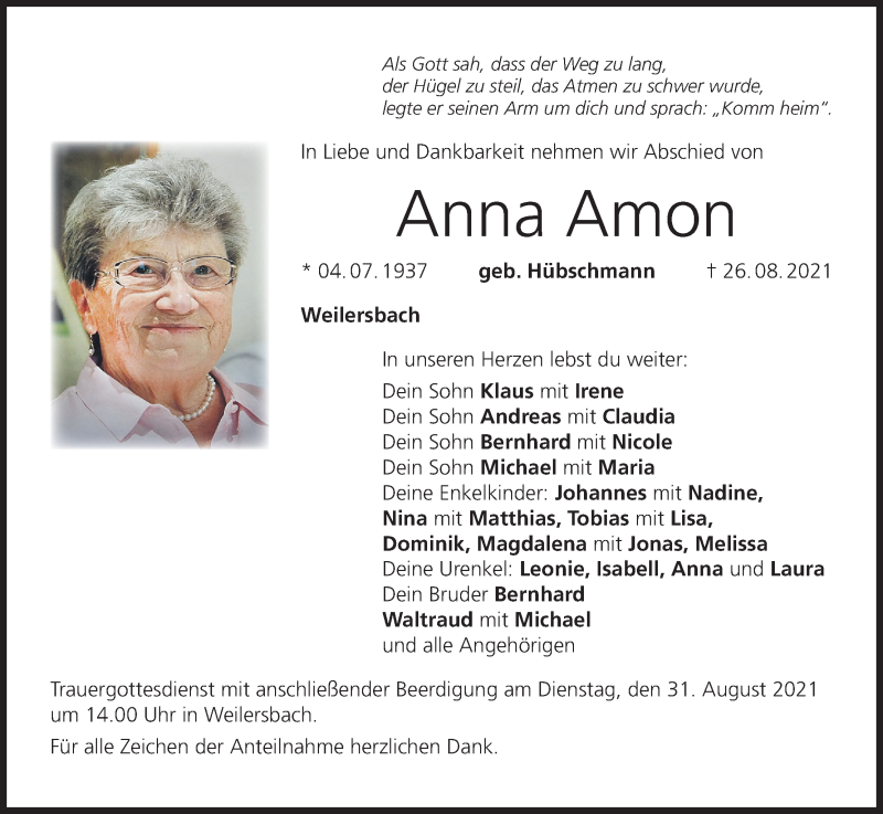  Traueranzeige für Anna Amon vom 28.08.2021 aus MGO