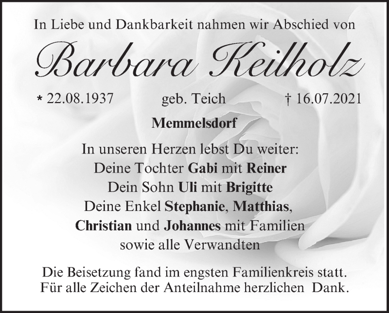  Traueranzeige für Barbara Keilholz vom 31.07.2021 aus MGO