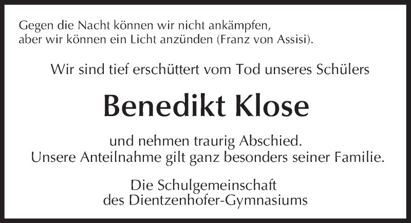  Traueranzeige für Benedikt Klose vom 14.08.2021 aus MGO
