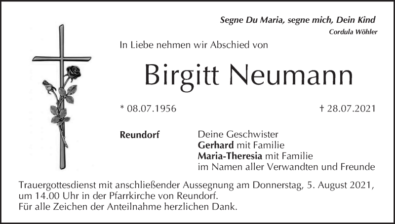  Traueranzeige für Birgitt Neumann vom 31.07.2021 aus MGO
