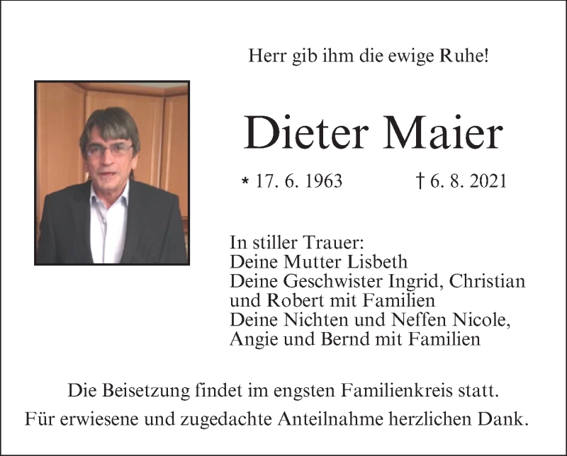  Traueranzeige für Dieter Maier vom 14.08.2021 aus MGO