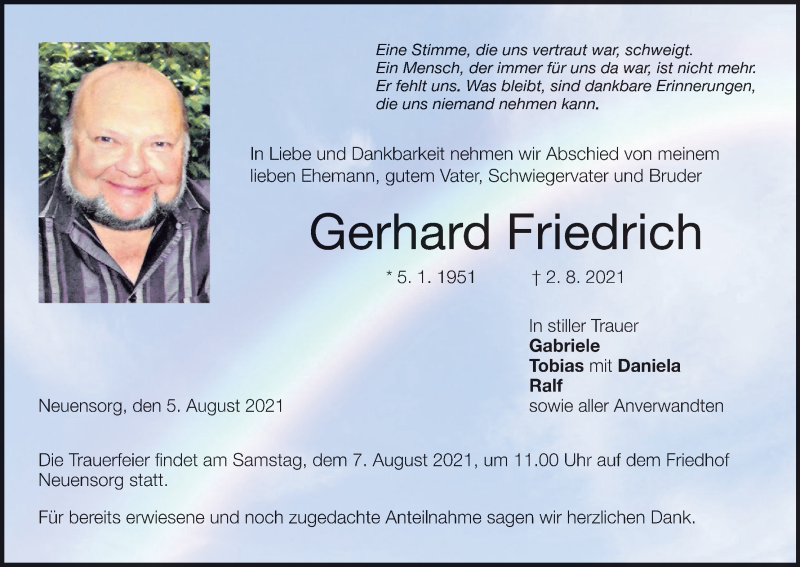  Traueranzeige für Gerhard Friedrich vom 05.08.2021 aus MGO