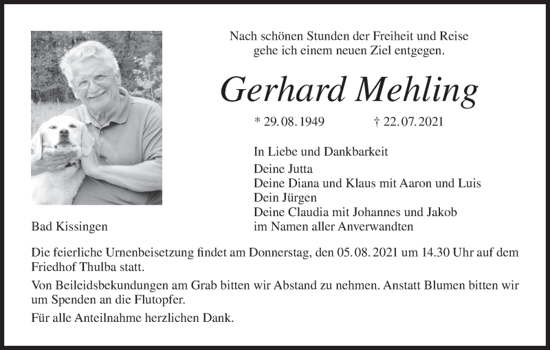  Traueranzeige für Gerhard Mehling vom 31.07.2021 aus MGO