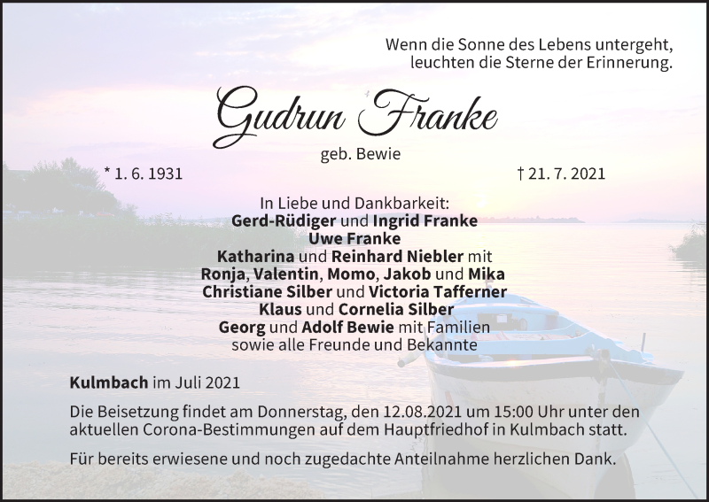  Traueranzeige für Gudrun Franke vom 31.07.2021 aus MGO