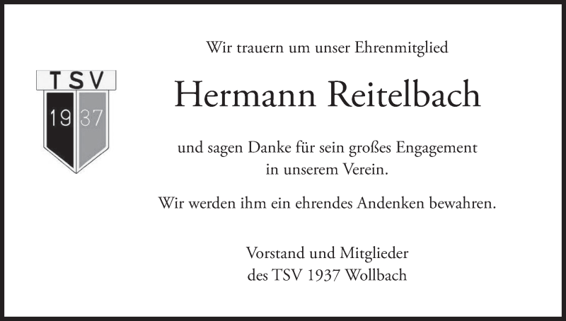  Traueranzeige für Hermann Reitelbach vom 31.07.2021 aus MGO