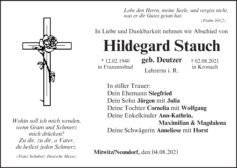  Traueranzeige für Hildegard Stauch vom 04.08.2021 aus MGO