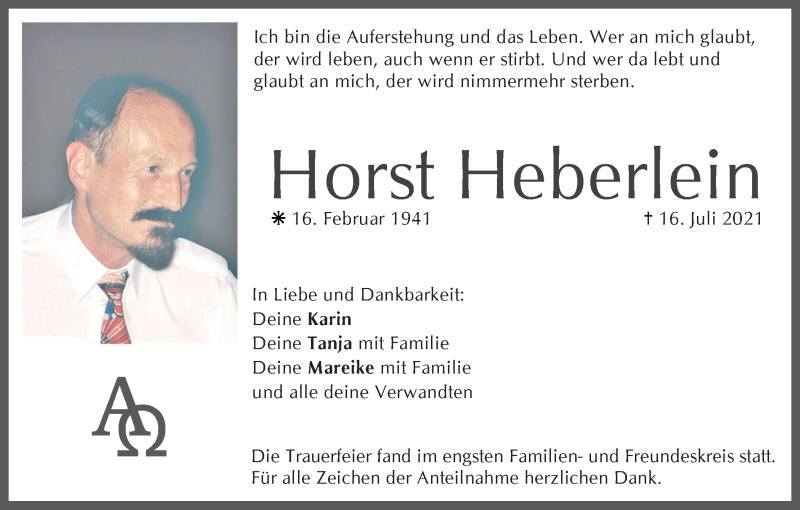  Traueranzeige für Horst Heberlein vom 31.07.2021 aus MGO