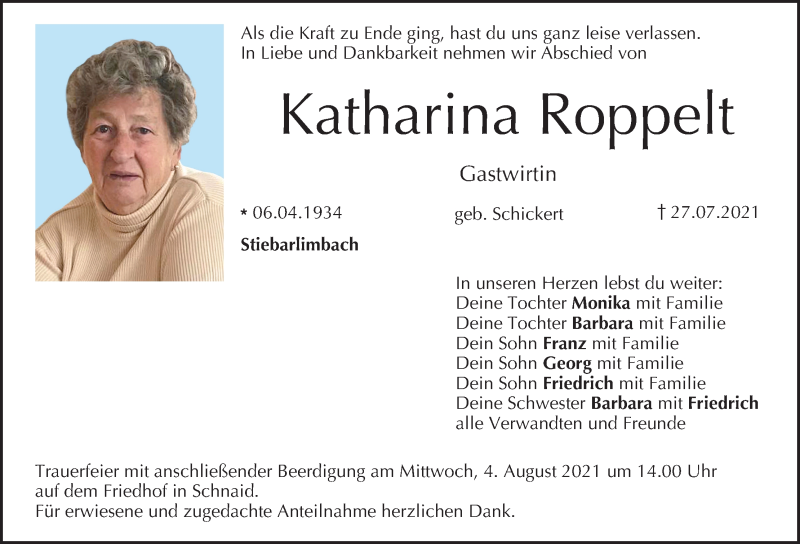 Traueranzeige für Katharina Roppelt vom 31.07.2021 aus MGO