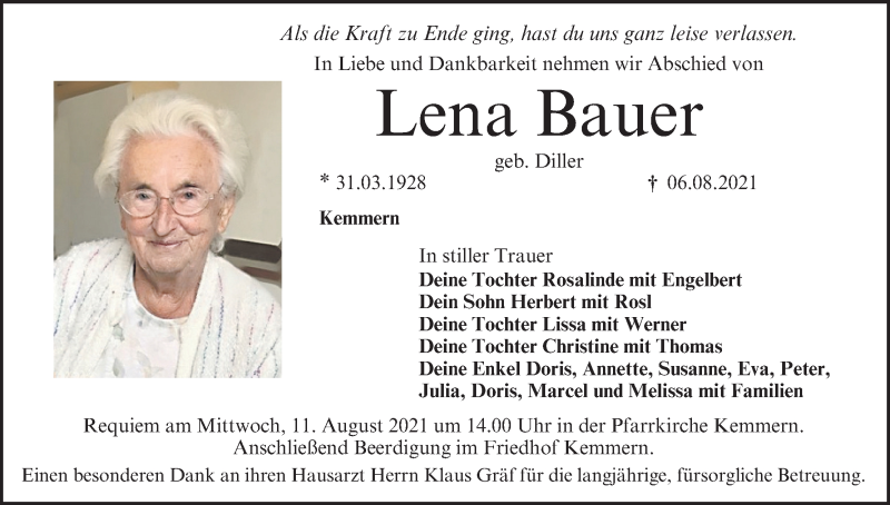 Traueranzeige für Lena Bauer vom 09.08.2021 aus MGO