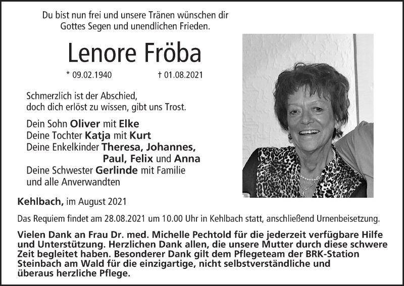  Traueranzeige für Lenore Fröba vom 03.08.2021 aus MGO