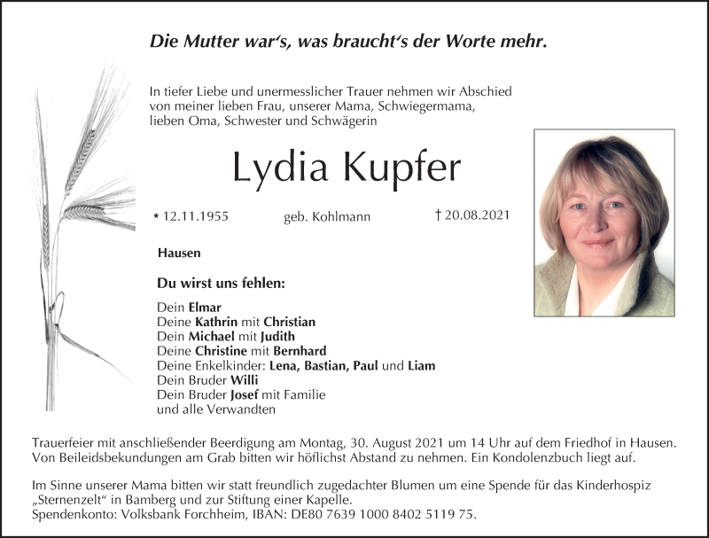  Traueranzeige für Lydia Kupfer vom 28.08.2021 aus MGO