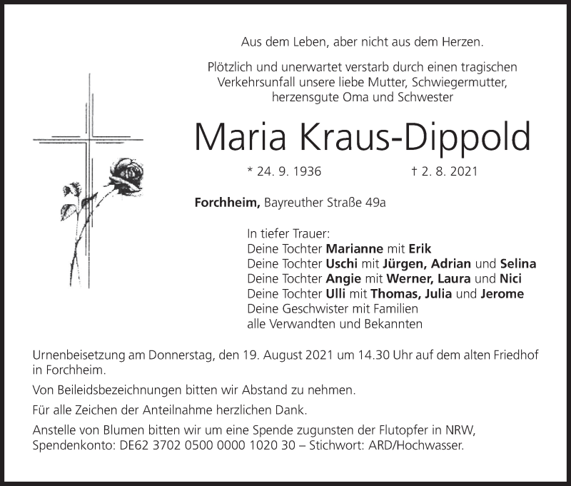  Traueranzeige für Maria Kraus-Dippold vom 14.08.2021 aus MGO