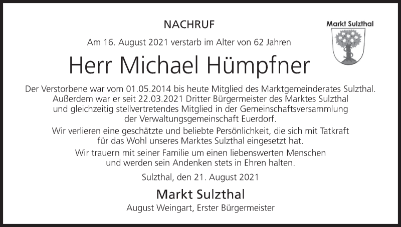  Traueranzeige für Michael Hümpfner vom 21.08.2021 aus MGO