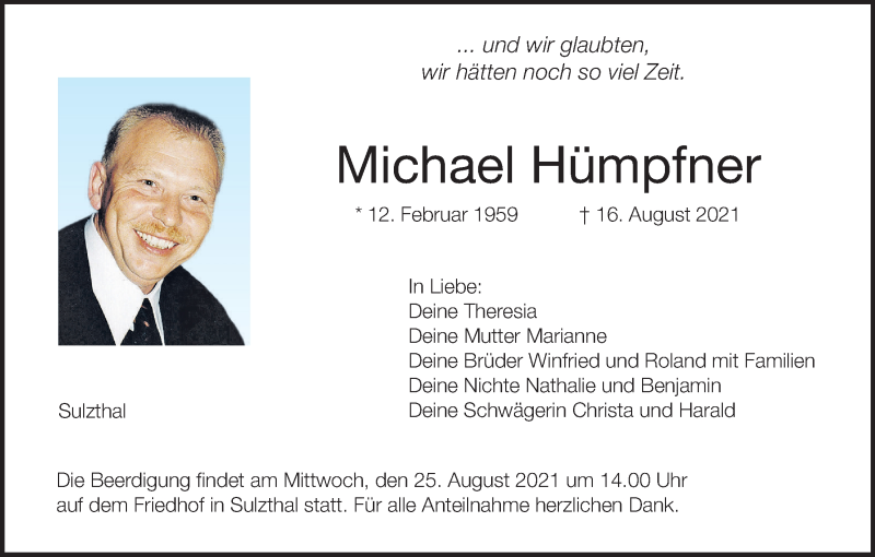  Traueranzeige für Michael Hümpfner vom 21.08.2021 aus MGO