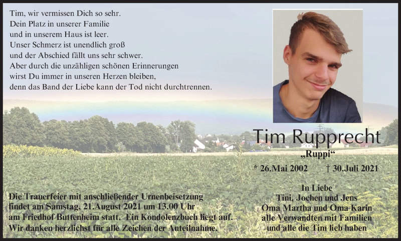  Traueranzeige für Tim Rupprecht vom 14.08.2021 aus MGO