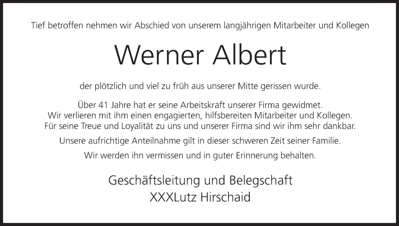  Traueranzeige für Werner Albert vom 07.08.2021 aus MGO