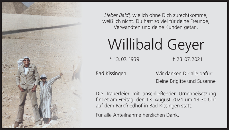  Traueranzeige für Willibald Geyer vom 31.07.2021 aus MGO