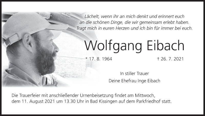  Traueranzeige für Wolfgang Eibach vom 07.08.2021 aus MGO