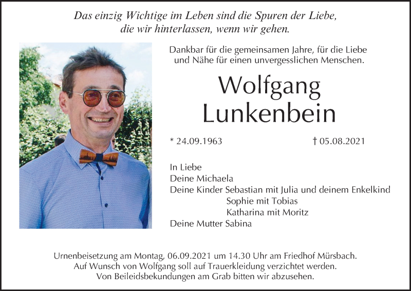  Traueranzeige für Wolfgang Lunkenbein vom 20.08.2021 aus MGO