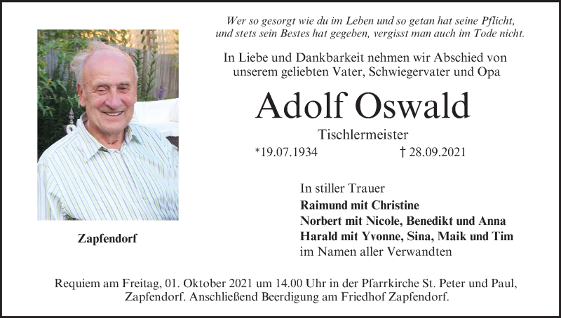  Traueranzeige für Adolf Oswald vom 29.09.2021 aus MGO
