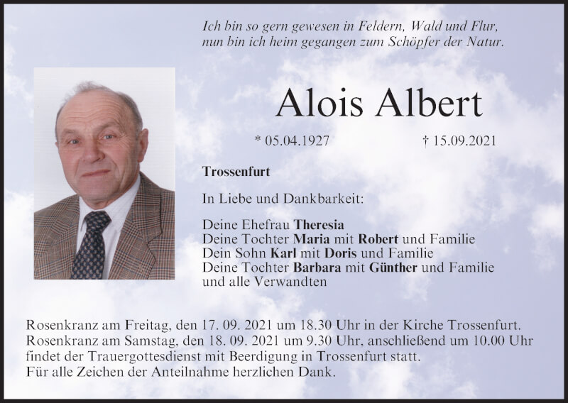  Traueranzeige für Alois Albert vom 17.09.2021 aus MGO