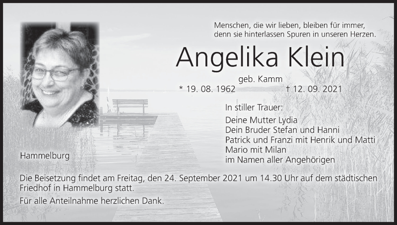  Traueranzeige für Angelika Klein vom 21.09.2021 aus MGO