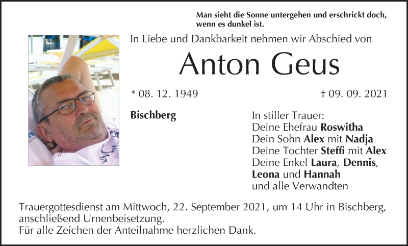  Traueranzeige für Anton Geus vom 11.09.2021 aus MGO