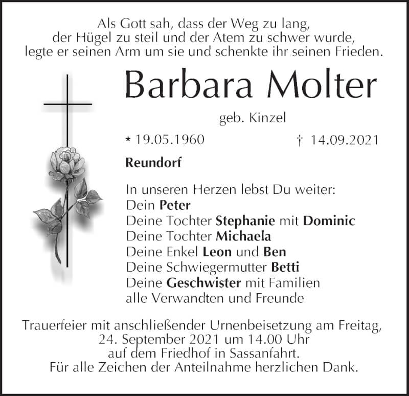  Traueranzeige für Barbara Molter vom 18.09.2021 aus MGO