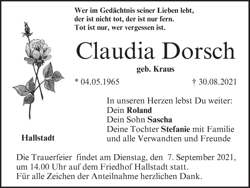  Traueranzeige für Claudia Dorsch vom 04.09.2021 aus MGO