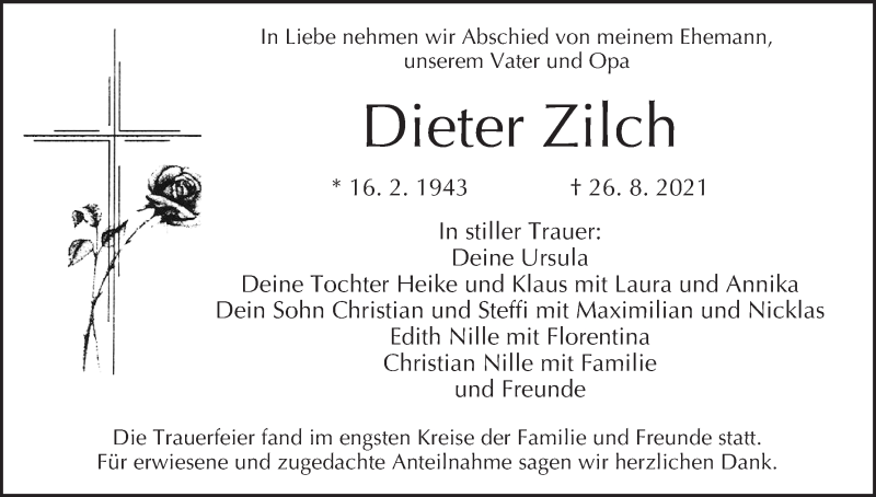  Traueranzeige für Dieter Zilch vom 11.09.2021 aus MGO